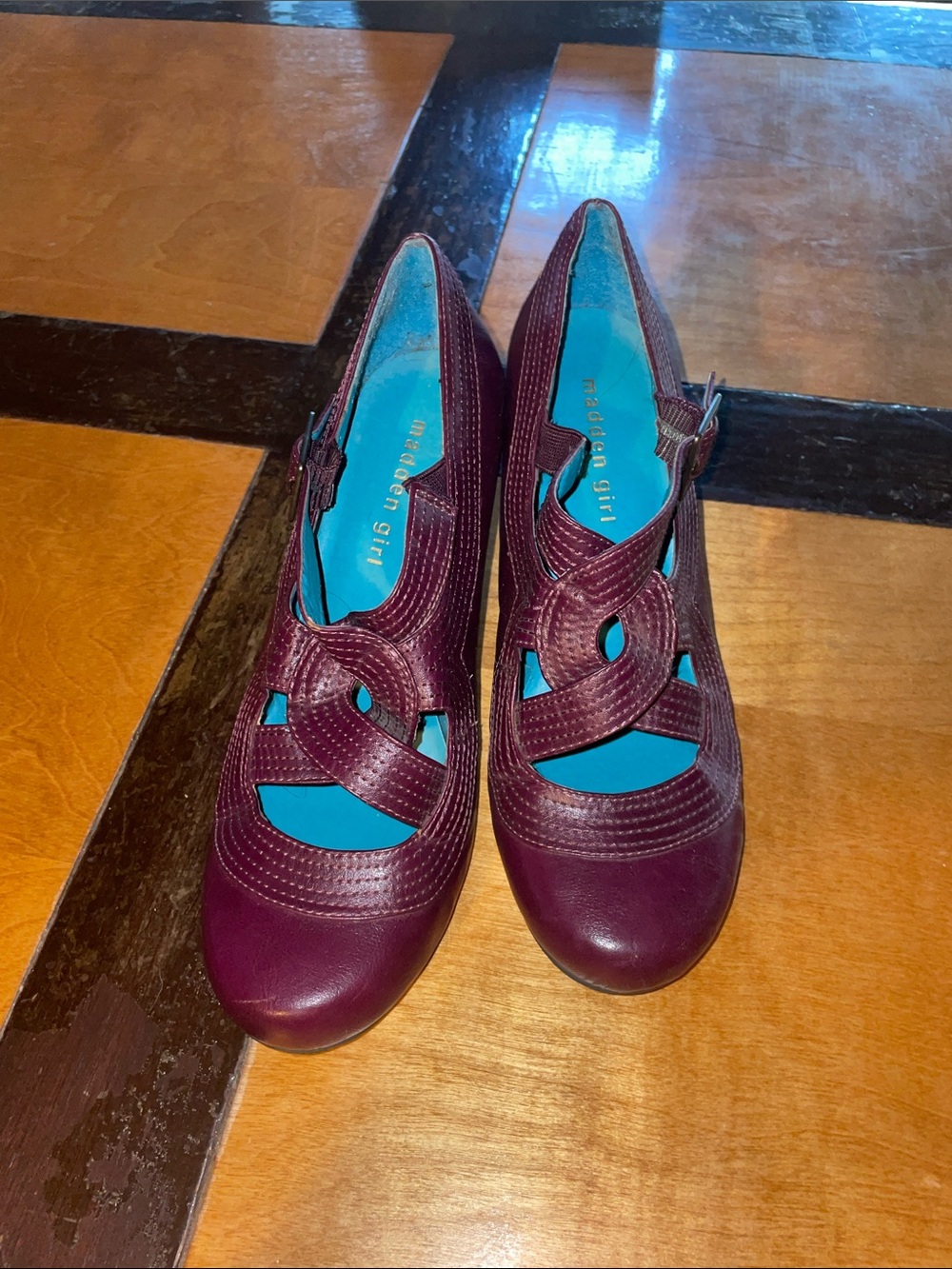 Madden Girl Burgundy Mary Jane Heels with Cutout Straps, 8.5